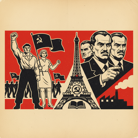 Affiche illustrée rétro évoquant le Parti communiste français