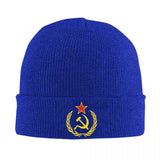 BONNET TRICOTE COURONNE FAUCILLE ET MARTEAU BLEU ROI